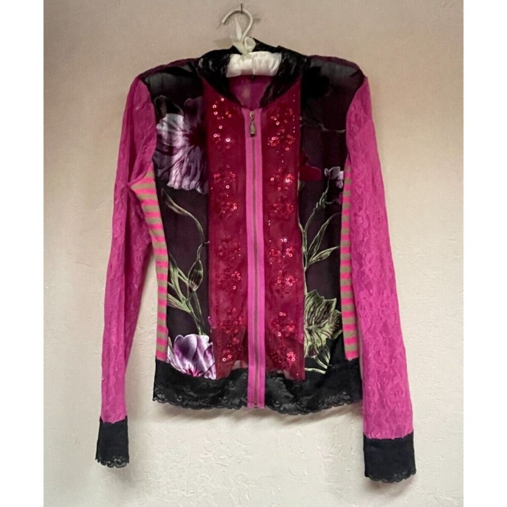 Pow Wow Women's Medium Lightweight Pink & Black Lace Zip Front Jacket Sequin